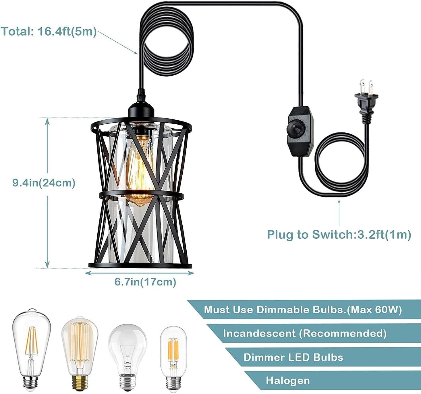 Elegant Farmhouse Plug-in Hanging Light for Dining Room & Kitchen - Dimmable