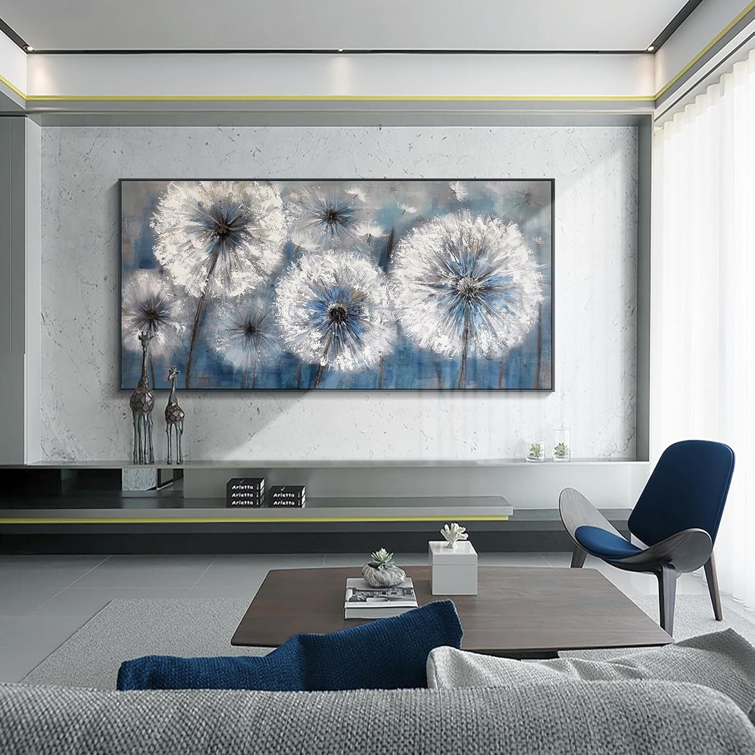 Dandelion Wall Art - Blue Canvas Painting, Framed Elegance for Living Spaces
