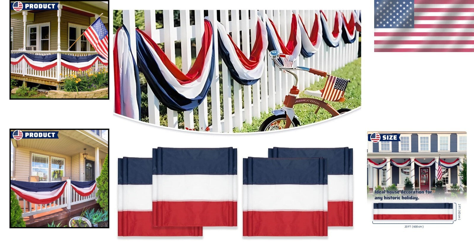 4-Pack Patriotic Bunting Flags - 2" x 20Ft Red, White & Blue for Celebrations