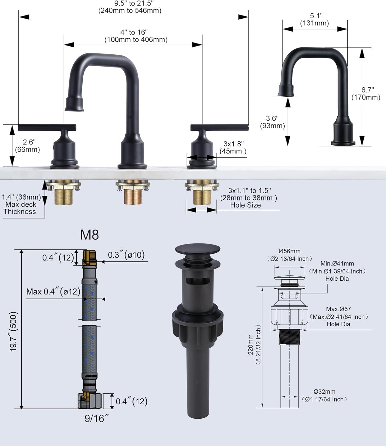 Matte Black 3-Hole Widespread Bathroom Faucet with 360 Swivel Spout - 2 Sets