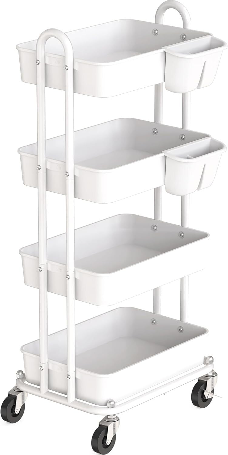 4-Tier Rolling Utility Cart with Hanging Buckets for Stylish Organization