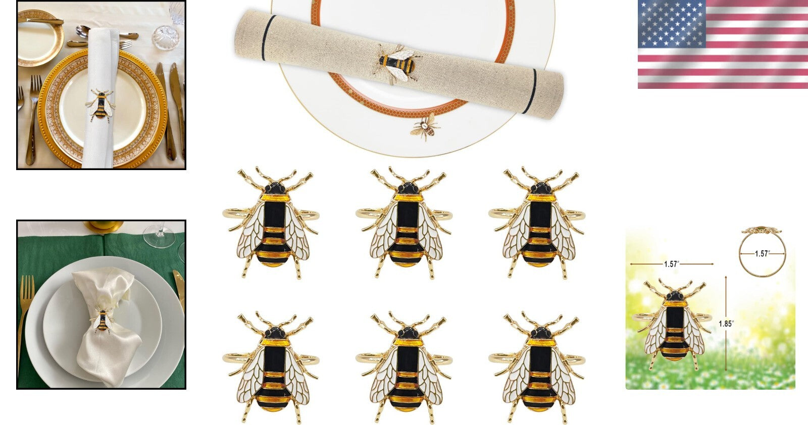 Set of 12 Gold Bee Napkin Rings - Soft Enamel Metal Holders for Elegant Dining