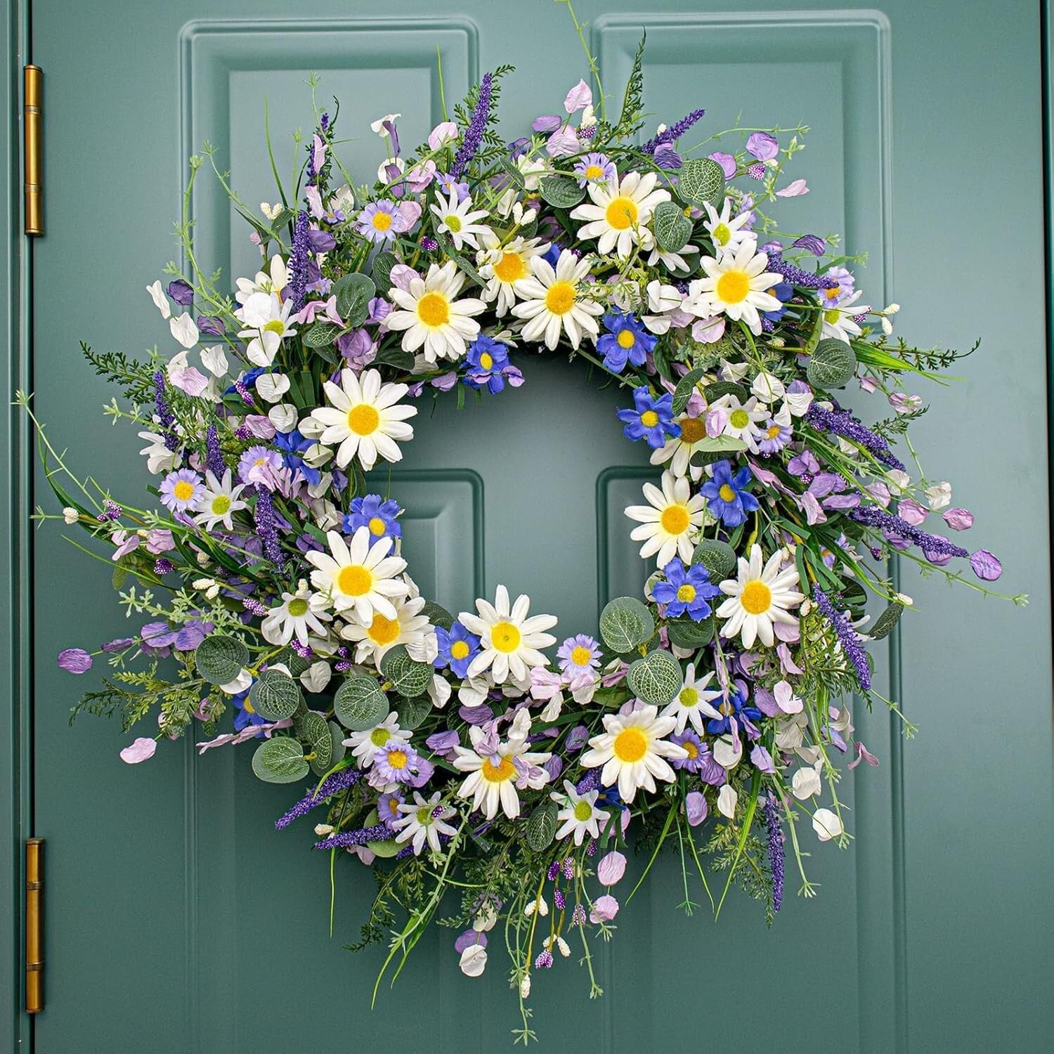 Handmade Blue Spring Wreath with White Sunflowers for Front Door Elegance