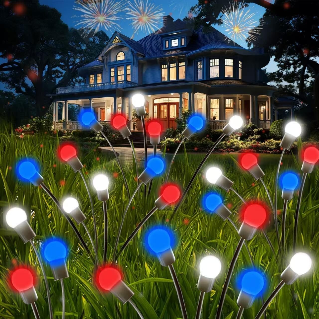 8 Solar Powered Firefly Lights in Red, White & Blue - Waterproof Outdoor Delight