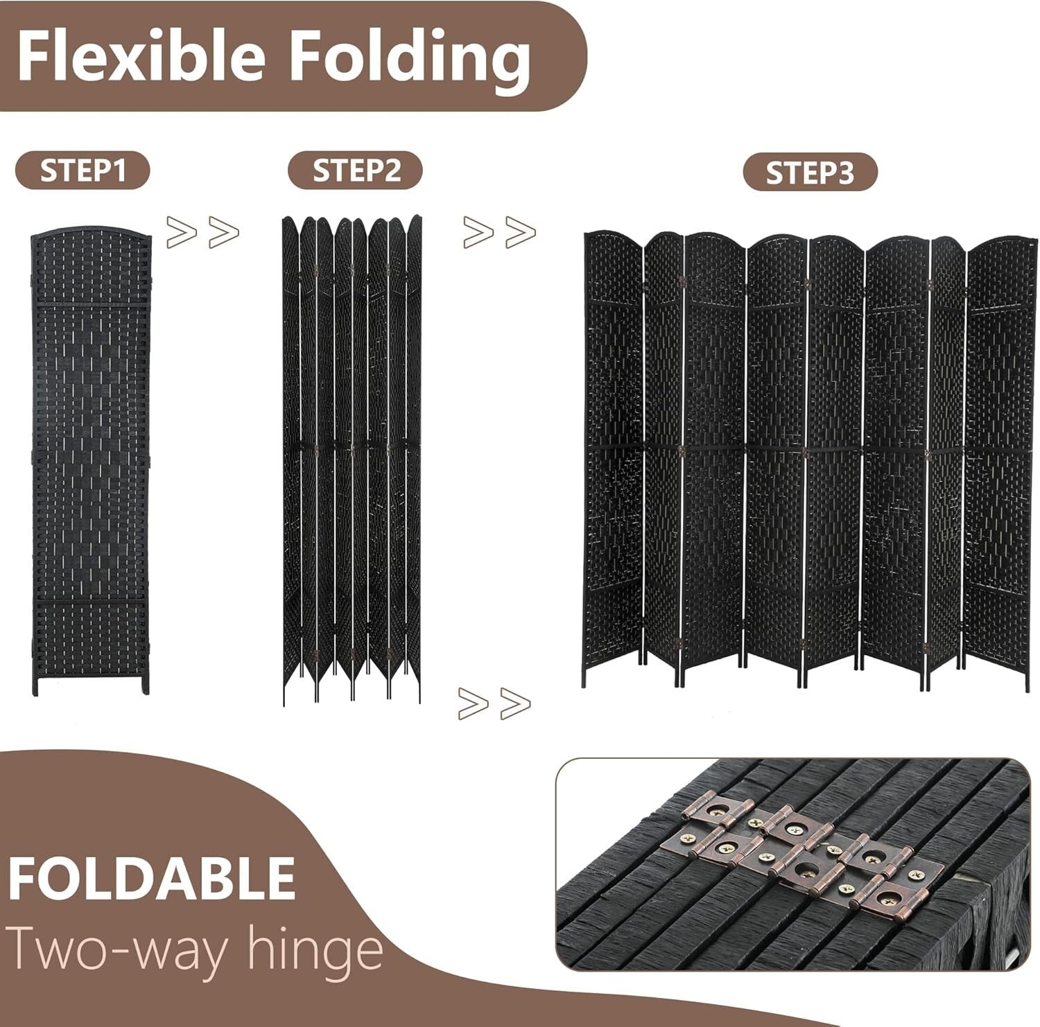 Elegant 8-Panel Room Divider - 6 Ft Black Portable Privacy Screen for Indoor Use