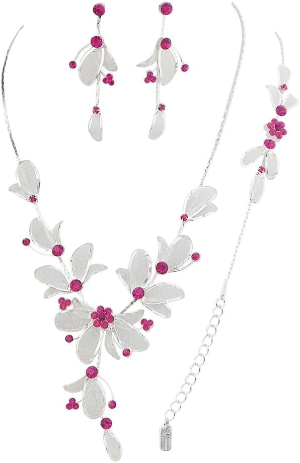 Elegant 3-Piece Floral Rhinestone Jewelry Set - Adjustable Necklace & Earrings