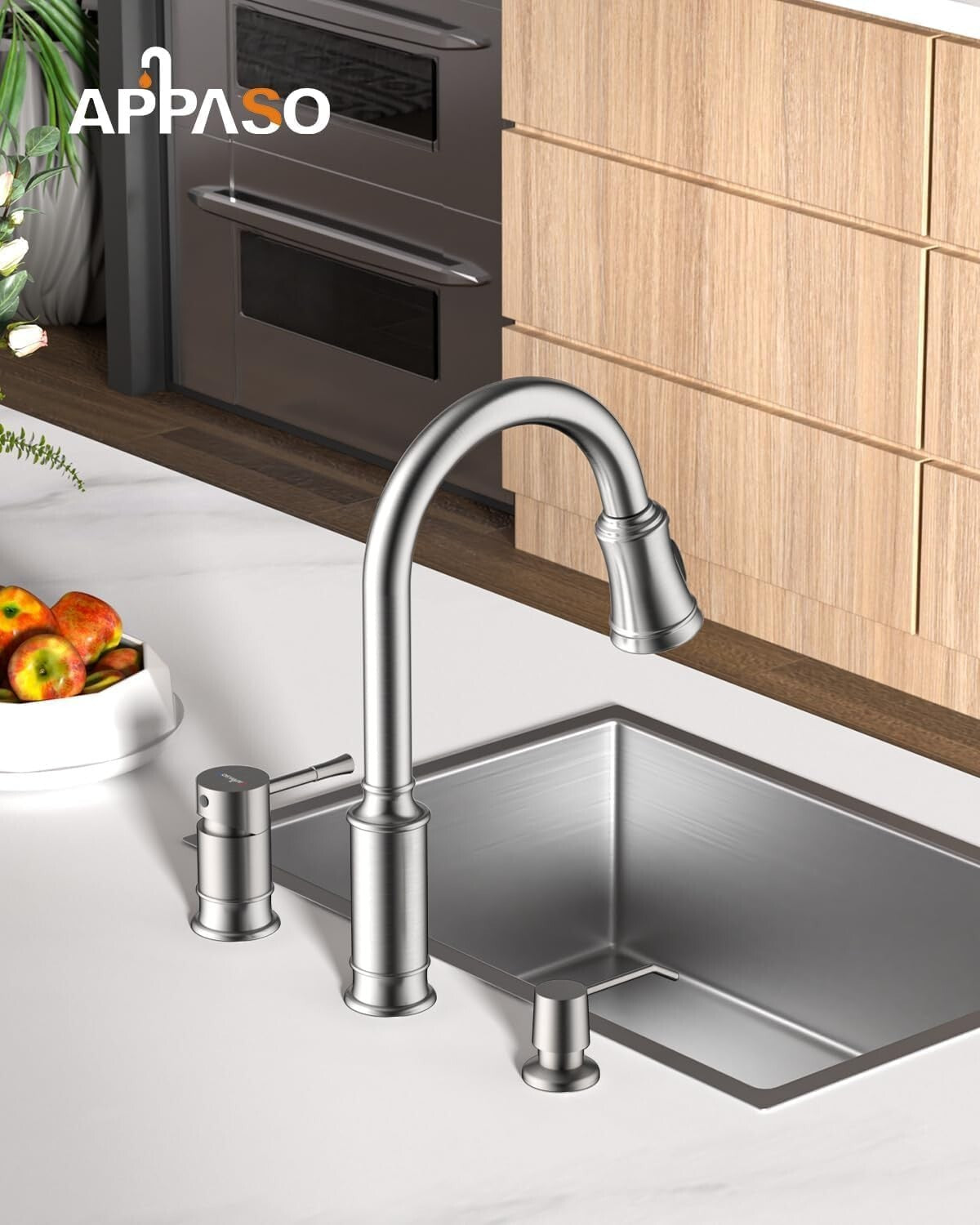 Brushed Nickel Kitchen Faucet with Soap Dispenser & Pull Down Sprayer - 3 Holes