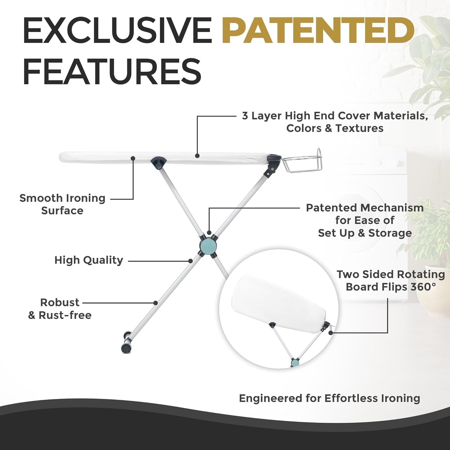 EZ20 Slim Ironing Board with 8-Level Height Adjustment & 360° Rotating Design