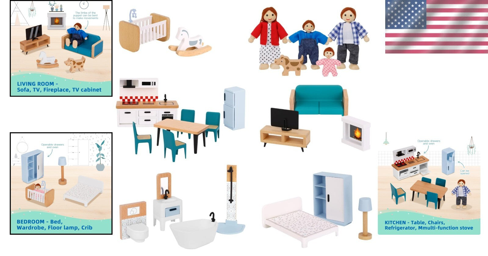 Complete Dollhouse Accessories with Family and Dog - Imaginative Play Set