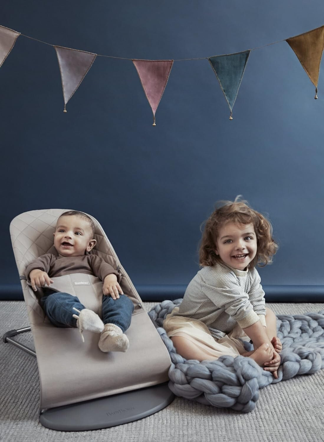 Luxury Adjustable Baby Bouncer and Toddler Chair in Sand Gray Cotton - Portable