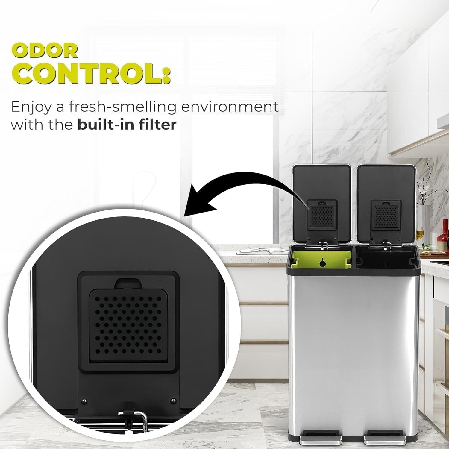 60L Hands-Free Dual Compartment Stainless Steel Recycling Trash Can - Silver