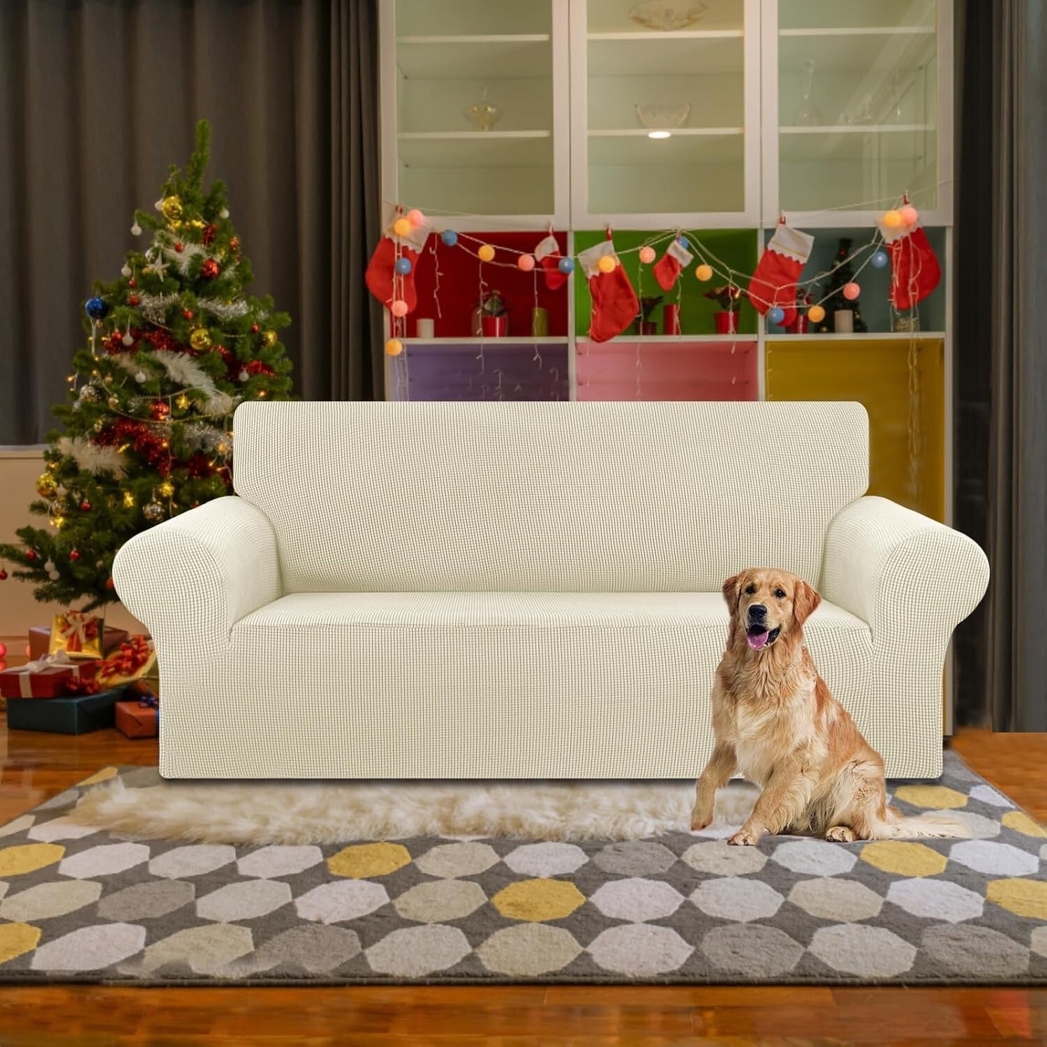 Wrinkle-Resistant Stretch Sofa Slipcover - Beige for Kids and Pet-Friendly Homes