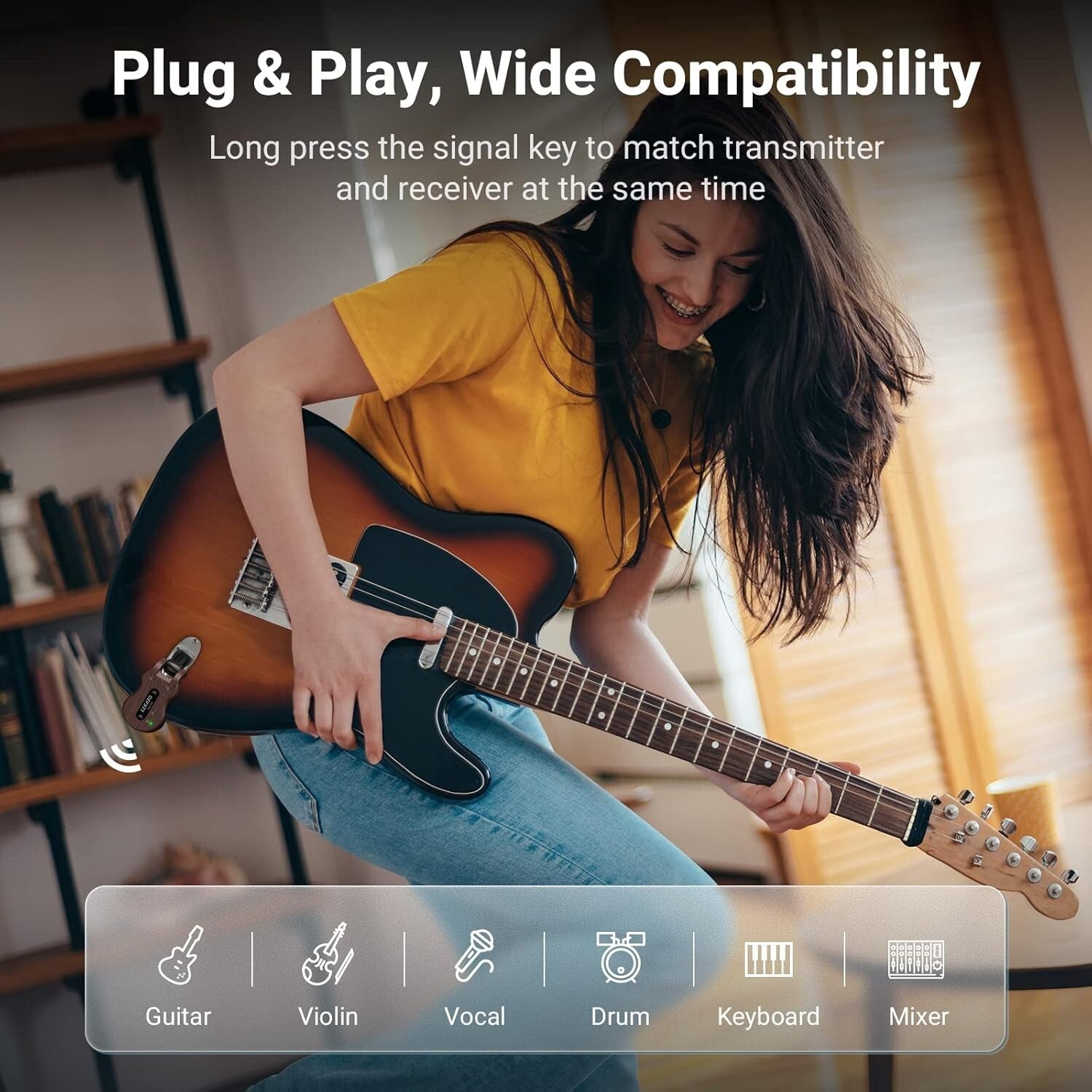 Rechargeable Wireless Guitar Transmitter & Receiver - 4 Channels, 100ft Range