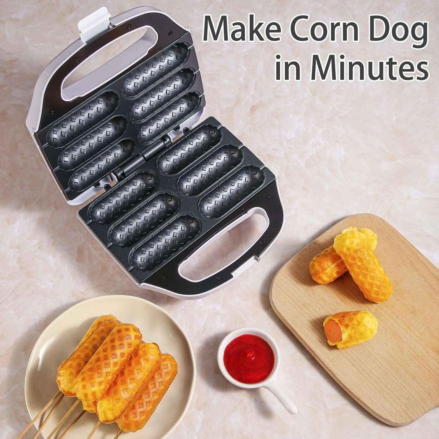 Non-Stick Hot Dog Waffle Machine with Temperature Control - White Design