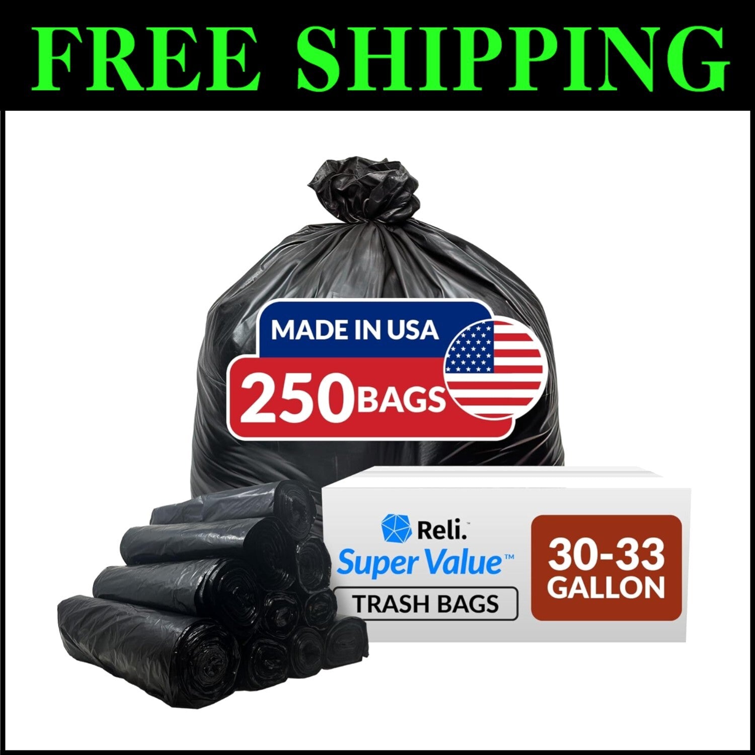 Extra Strong 33 Gallon Trash Bags - Black Plastic, 250 Heavy Duty Liners