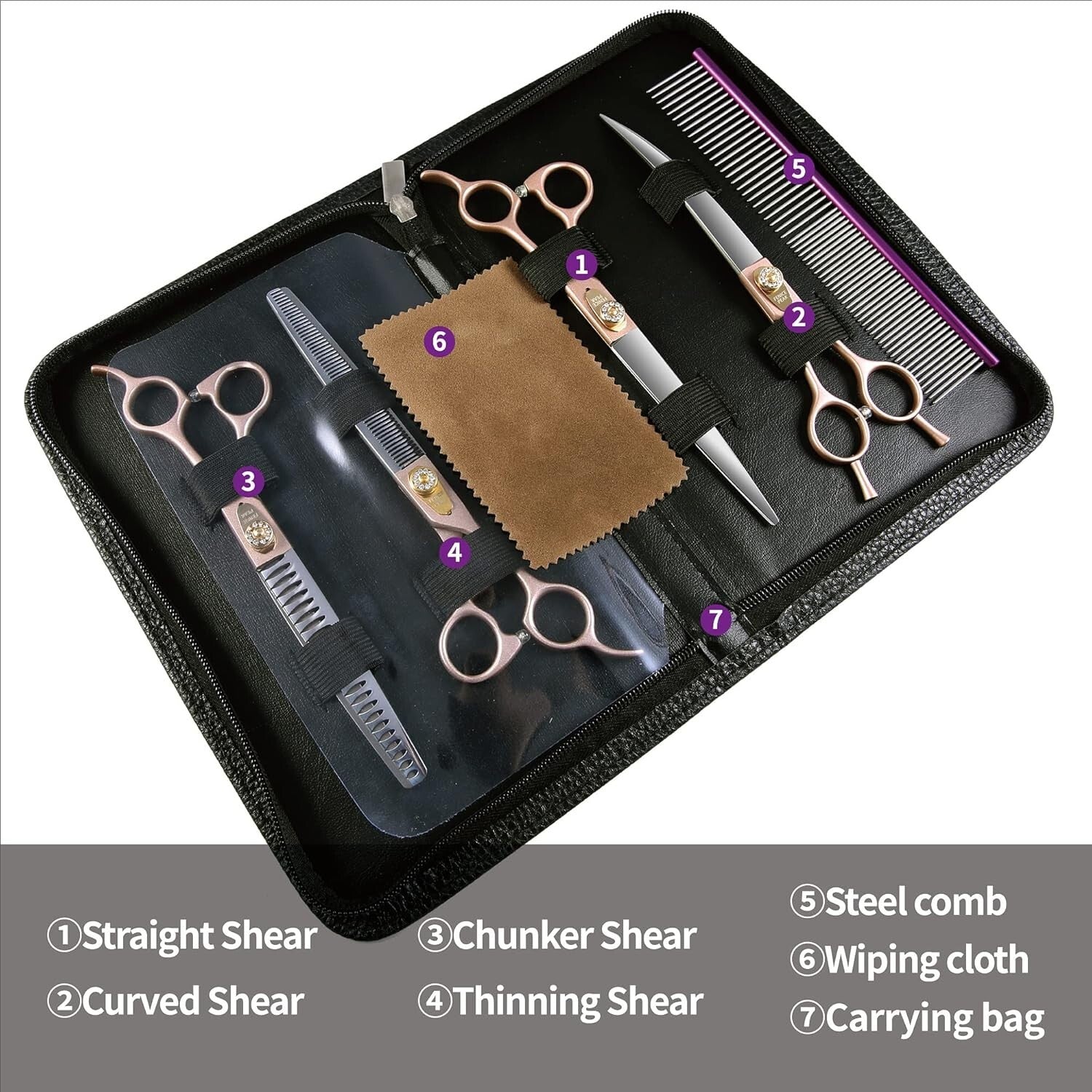 7'' Rose Gold Professional Dog Grooming Scissors Set - 4-Piece Stainless Steel