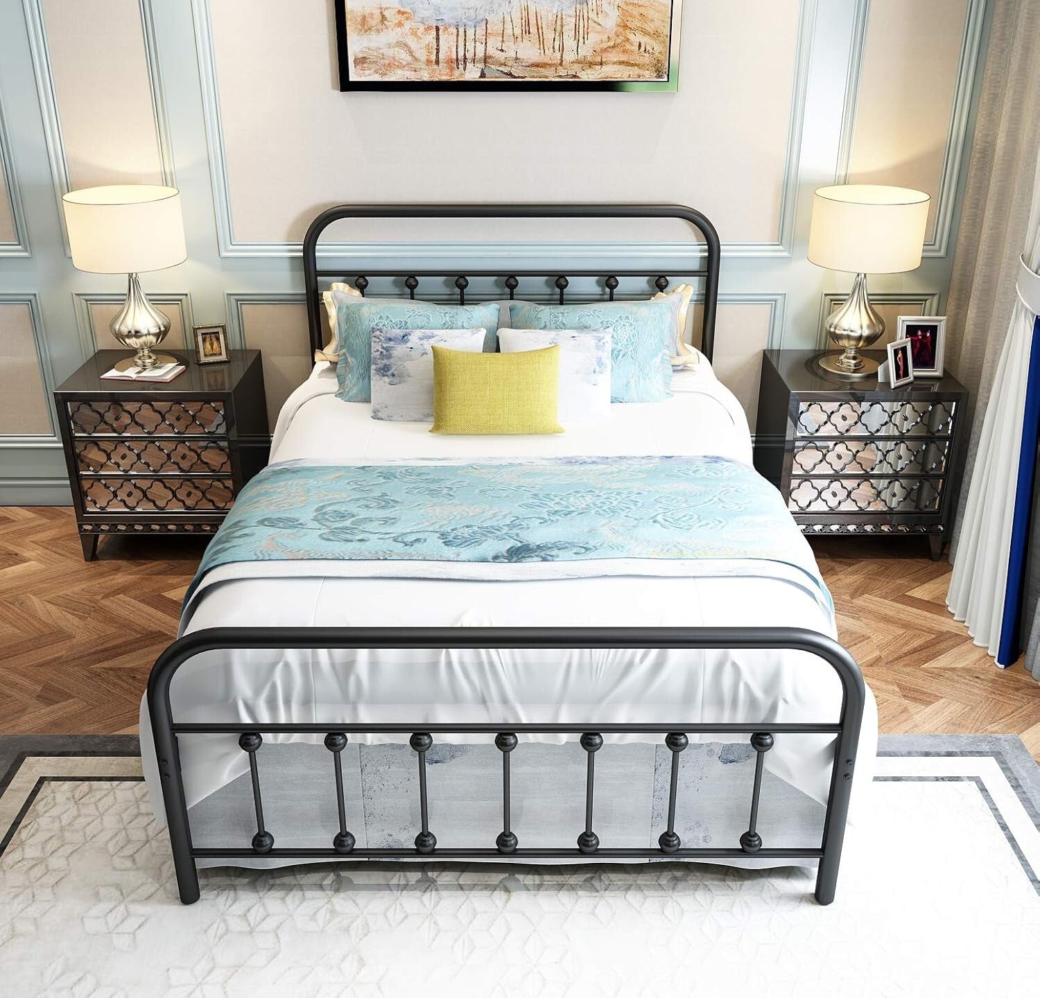 Powder Coated Full Size Bed Frame with Headboard - Space-Saving Storage Solution