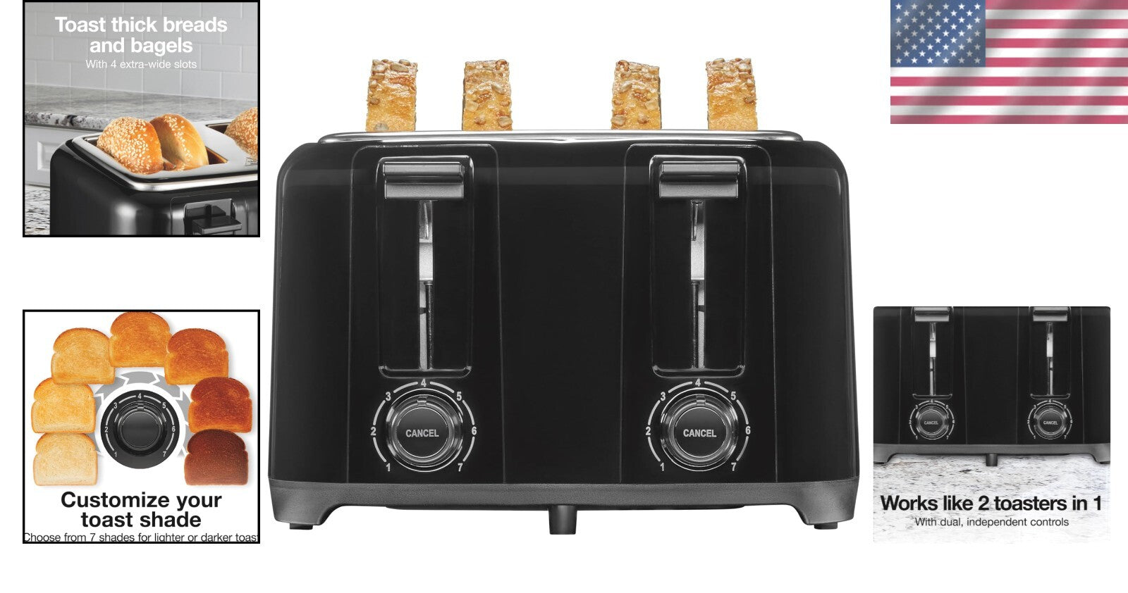 Reliable 4-Slice Toaster with Toast Boost & Auto Shut-off - Black Brushed Finish