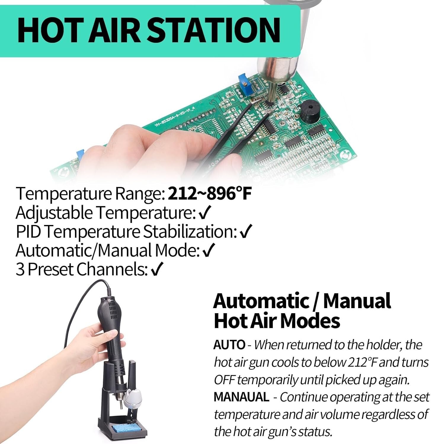 Efficient 30V 5A Hot Air Rework Soldering Station - PID Temperature Control Tech