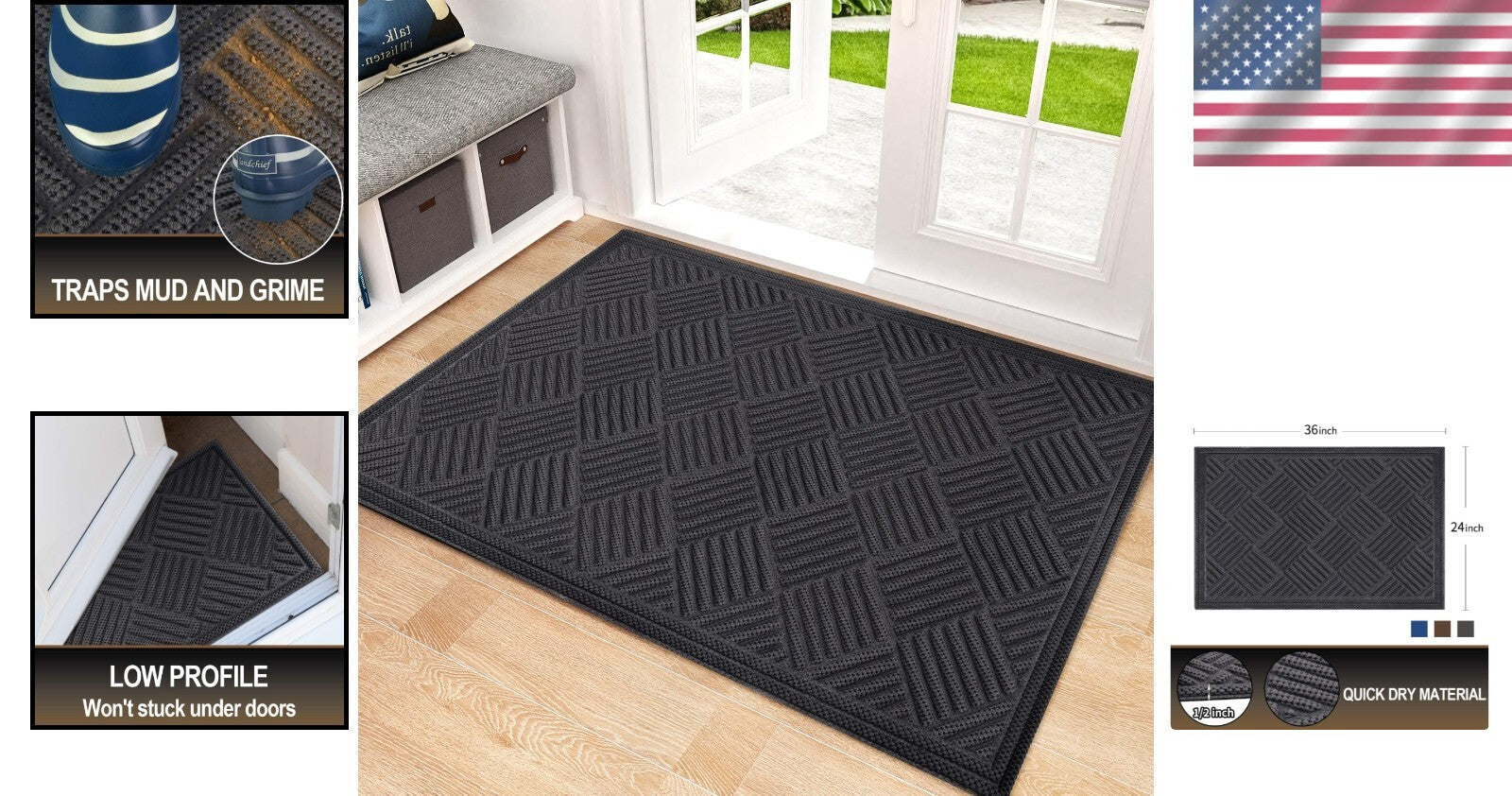 Durable Machine Washable Front Door Mat - Non-Slip Outdoor/Indoor Rug, 35.5"x24"