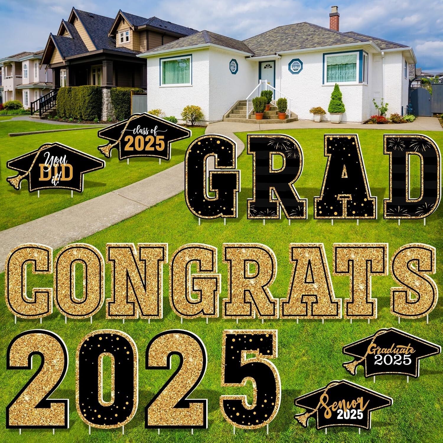 Celebrate Graduation with 20 PCS Black Gold Signs, 2025 Graduation Yard Decor