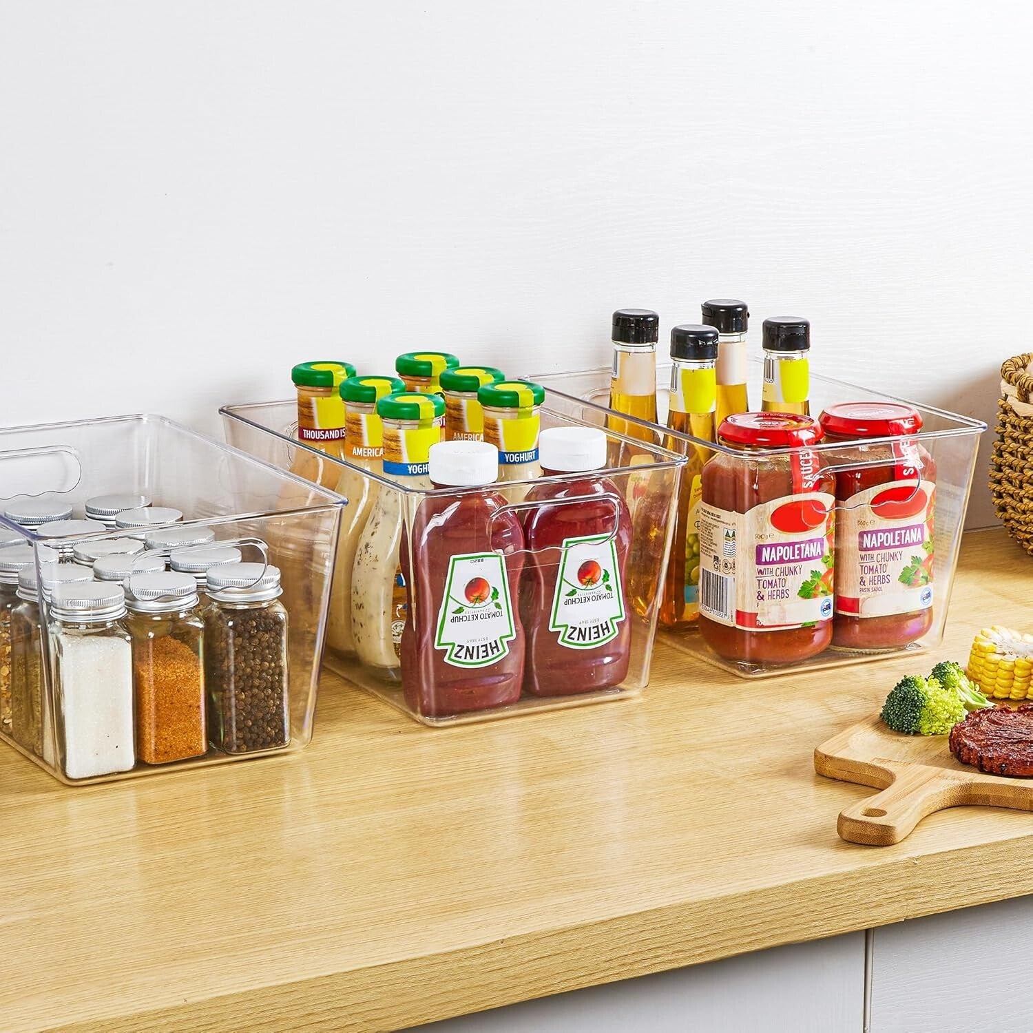 10-Pack Clear Plastic Storage Bins with Handles - Pantry & Kitchen Organizer