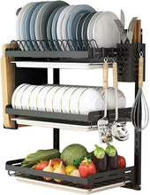 Load image into Gallery viewer, 3-Tier Black Stainless Steel Dish Rack with Utensil Holder - Space-Saving Design