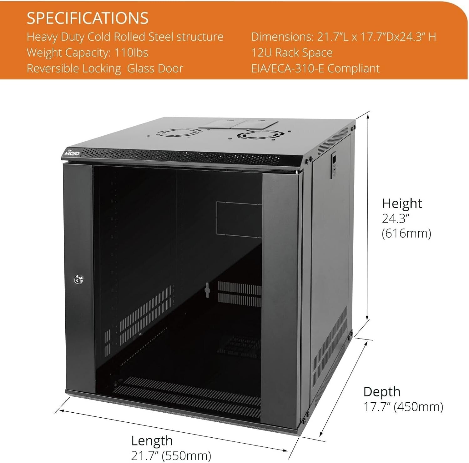 Versatile 12U Wall Mount Server Cabinet with Cooling Fan - Ideal for A/V Devices