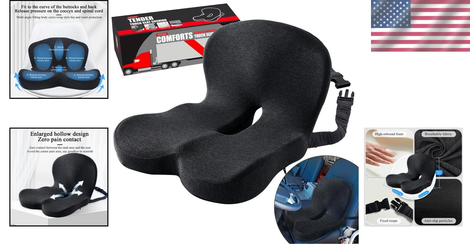 Adjustable Dark Gray Seat Cushion for Truck Drivers – Sciatica Relief & Comfort