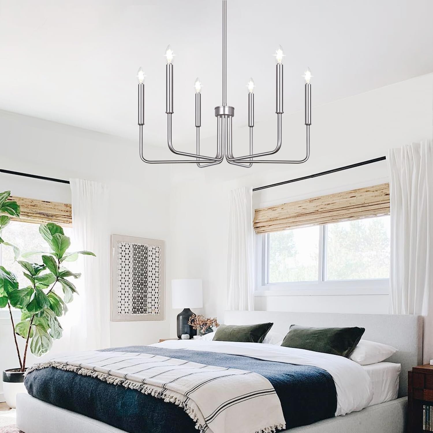 Adjustable Height 6-Light Brushed Nickel Chandelier - Modern Farmhouse Style
