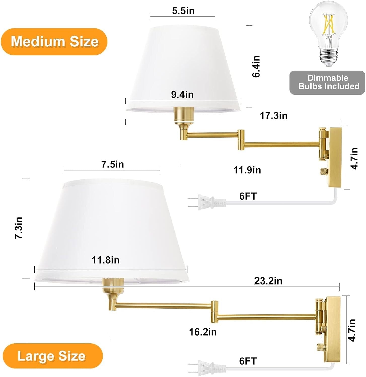 Adjustable Swing Arm Dimmable Wall Sconces - Elegant Design with Fabric Shade