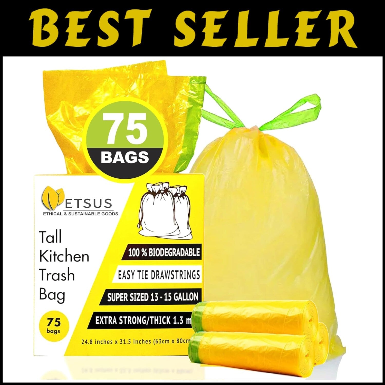 Durable 13 Gallon Plant-Based Drawstring Trash Bags - 75 Count Eco-Friendly Pack