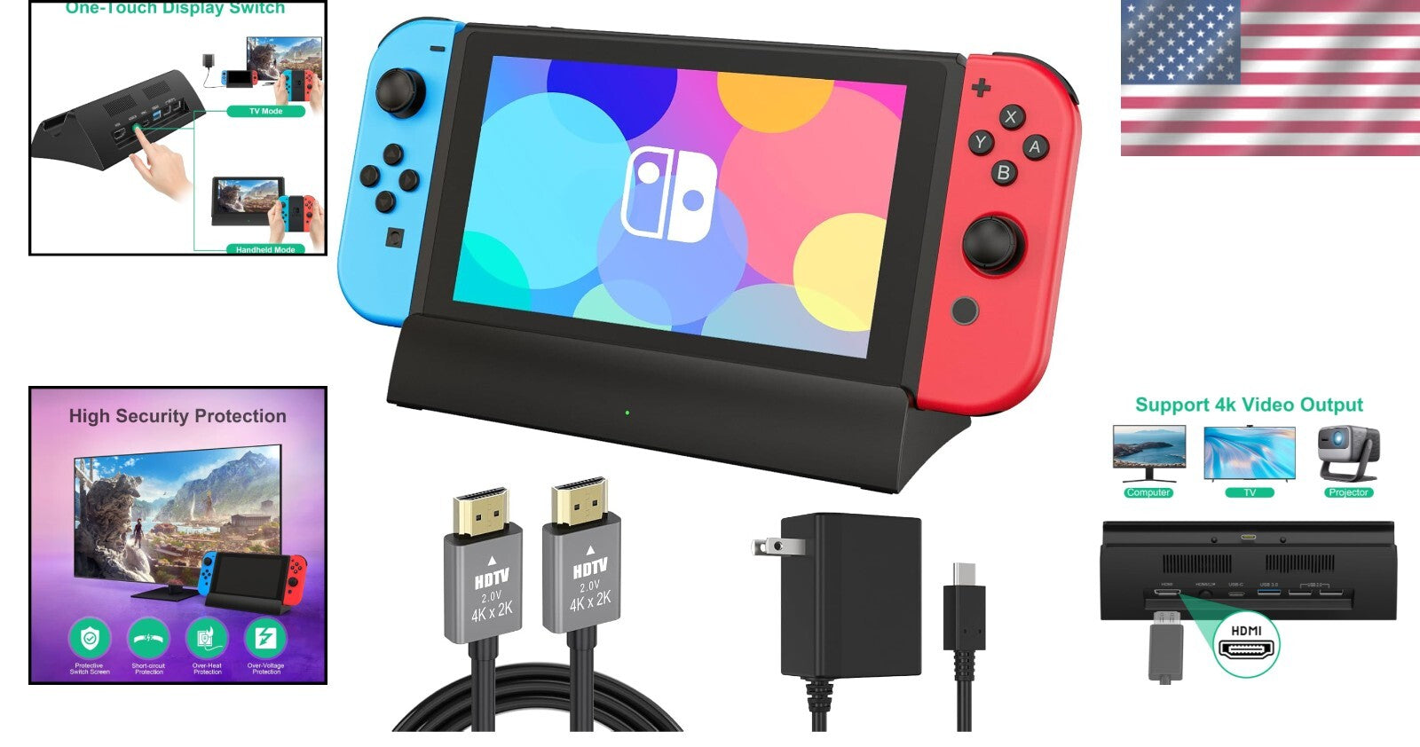 Replacement Nintendo Switch Dock - 4K Output, Lightweight with USB-C Charger