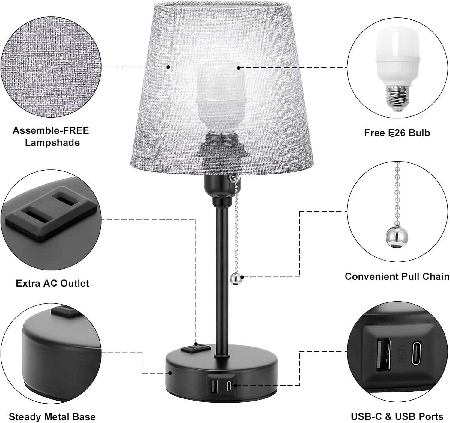 Dimmable Gray Bedside Lamps with Built-in USB Charge & 3 Light Settings - 2 Pack