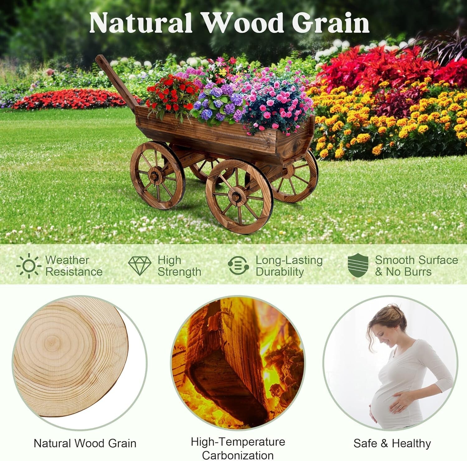 Adjustable Wooden Garden Cart with Wheels for Charming Outdoor Flower Display