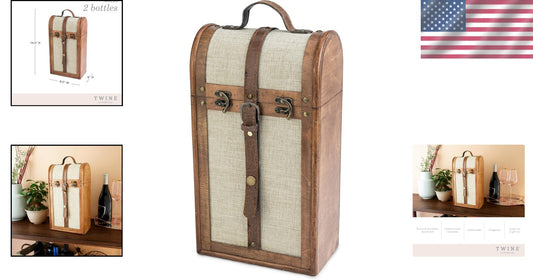 Customizable Vintage Trunk Wine Gift Box with Brass Buckles - Holds 2 Bottles