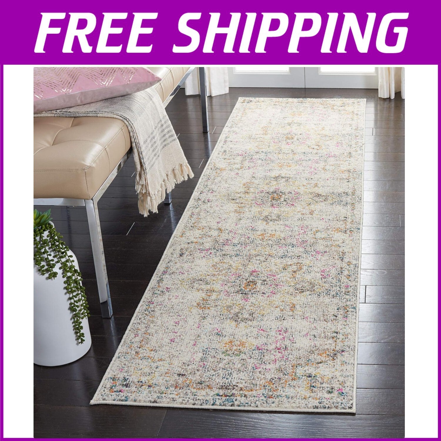 Durable Bohemian Runner Rug 2'2"x10' - Stain Resistant & Non-Shedding Grey/Gold