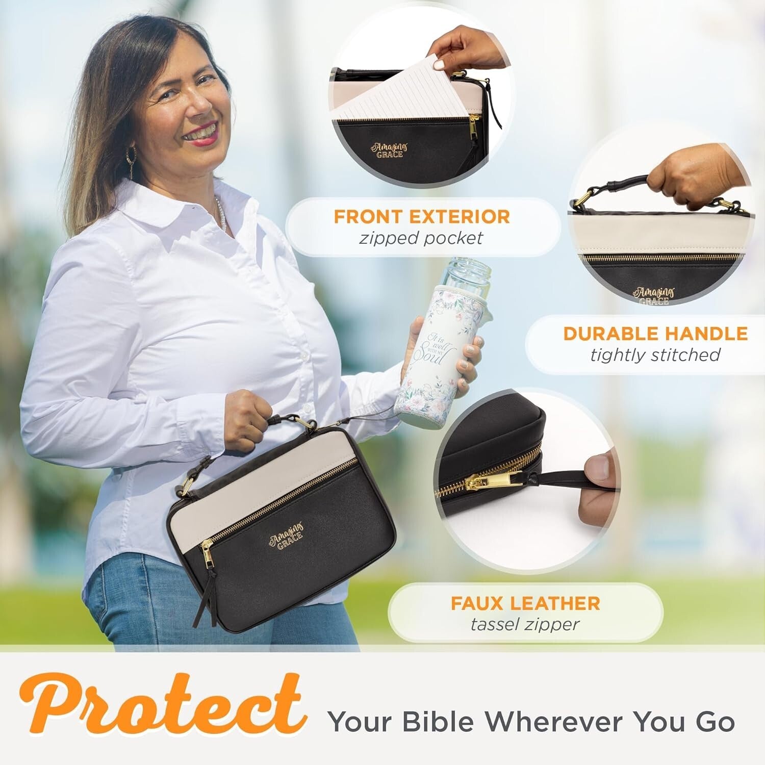 Water-Resistant 'Amazing Grace' Bible Cover in Stylish Black & Tan Faux Leather