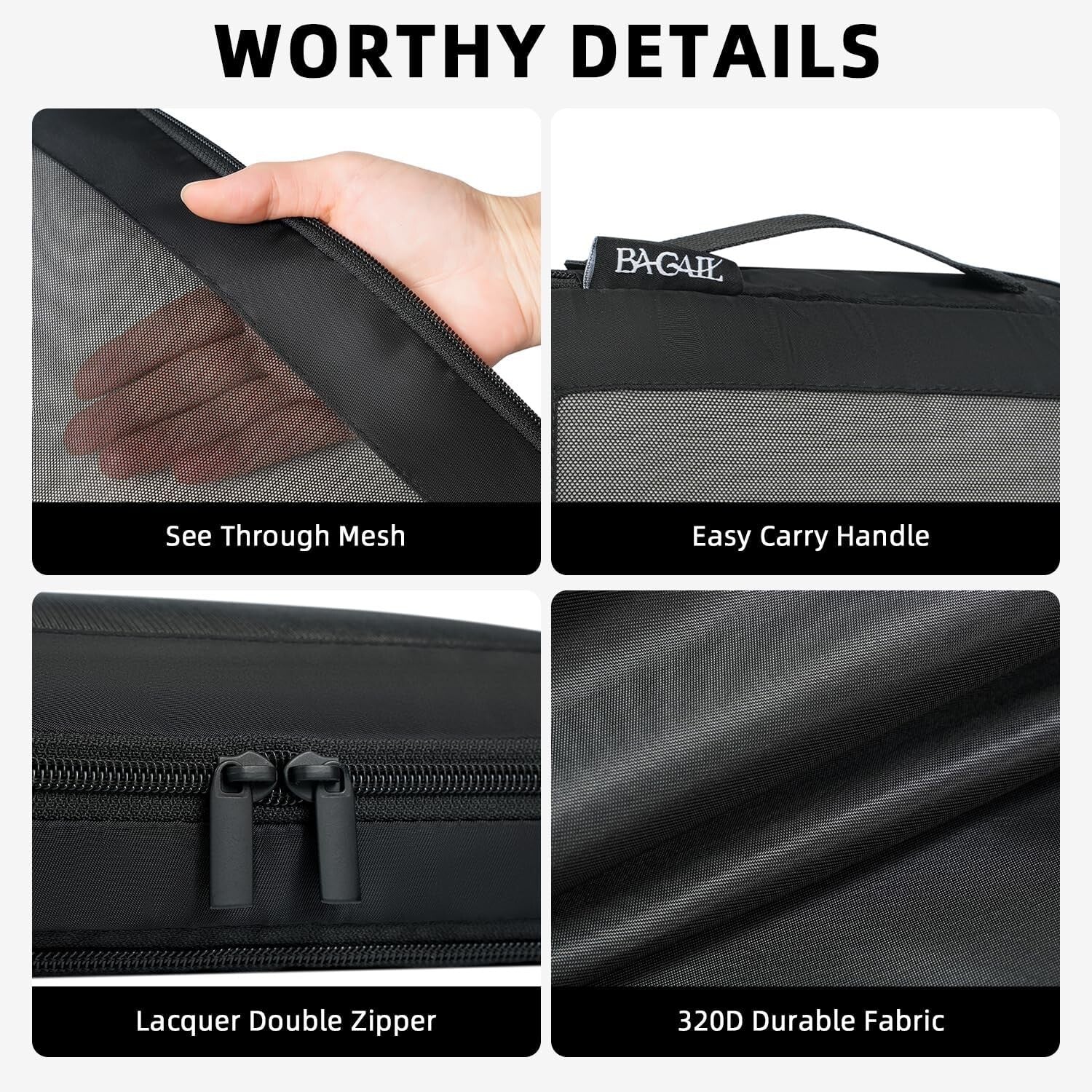 Expandable Compression Packing Cubes - 6 Set Travel Organizers in Black Mesh