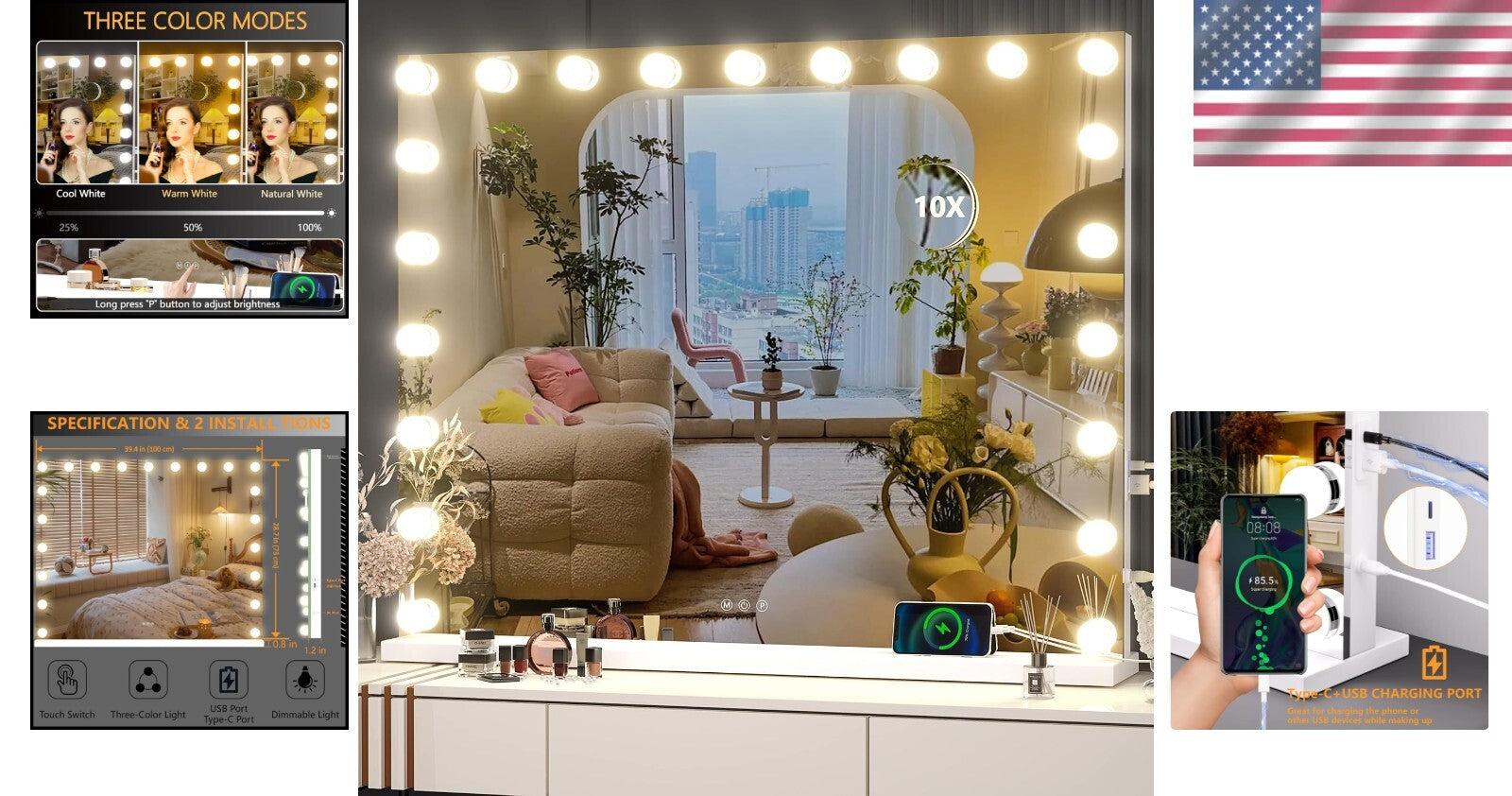 Illuminated Vanity Mirror with 21 Dimmable Bulbs & 10X Magnification, 40" x 29"