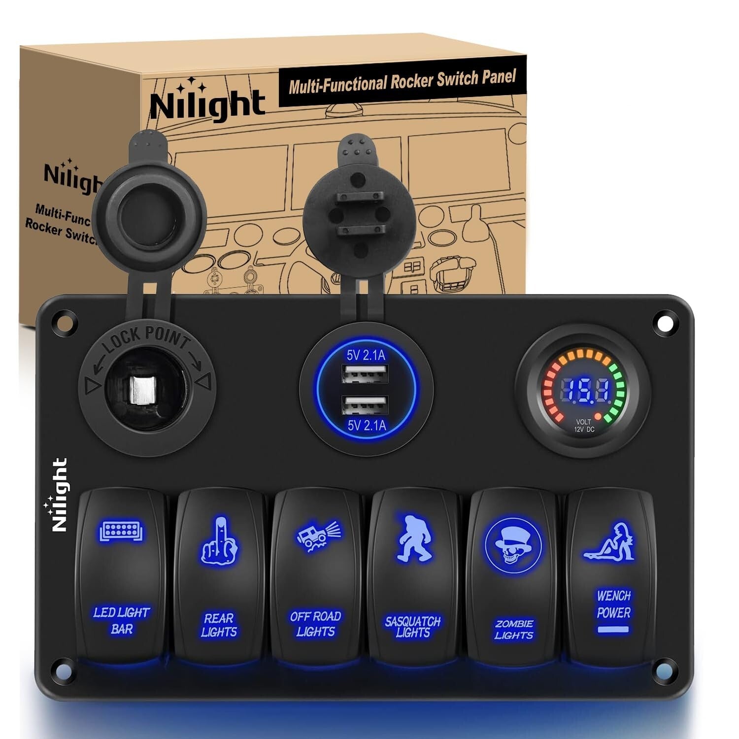 Durable Laser-Etched 6 Gang Switch Panel with USB, Voltmeter & Cigarette Lighter
