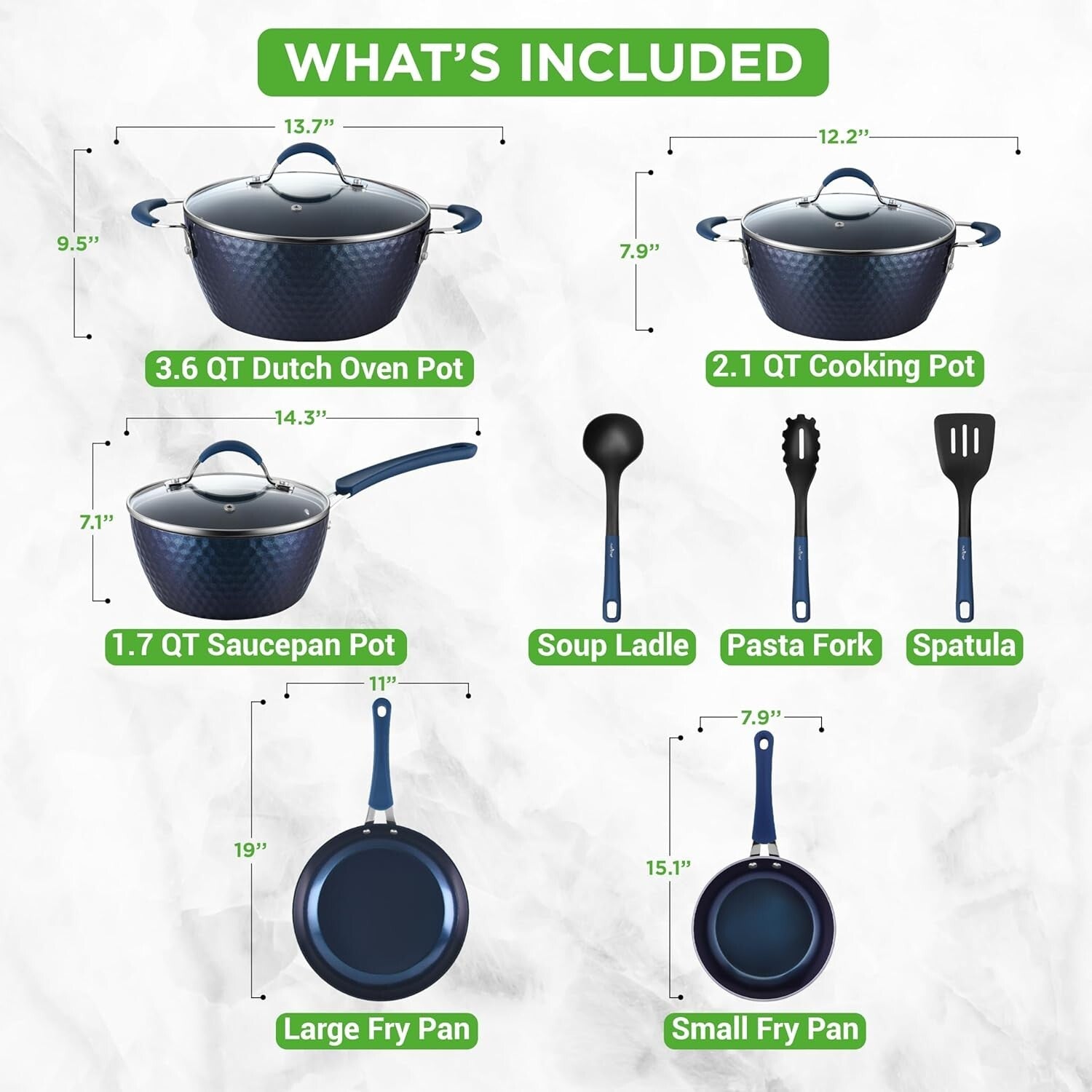 Durable 11-Piece Nonstick Cookware Set with Tempered Glass Lids and Utensils