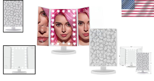 Portable Hello Kitty Trifold Mirror with LED Lights and Magnification Features