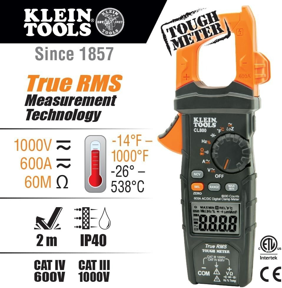 Heavy-Duty Digital Clamp Meter with Integrated Worklight & Test Leads Included