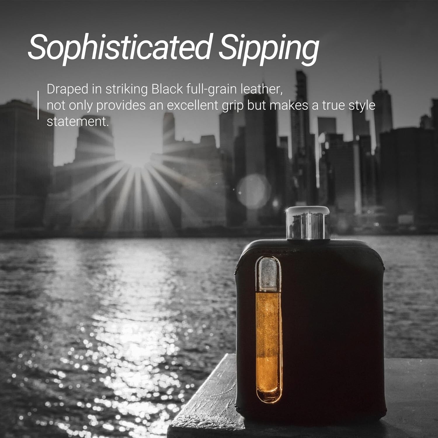 Modern Leather Covered Glass Hip Flask for Whiskey - Double Shot 240ml