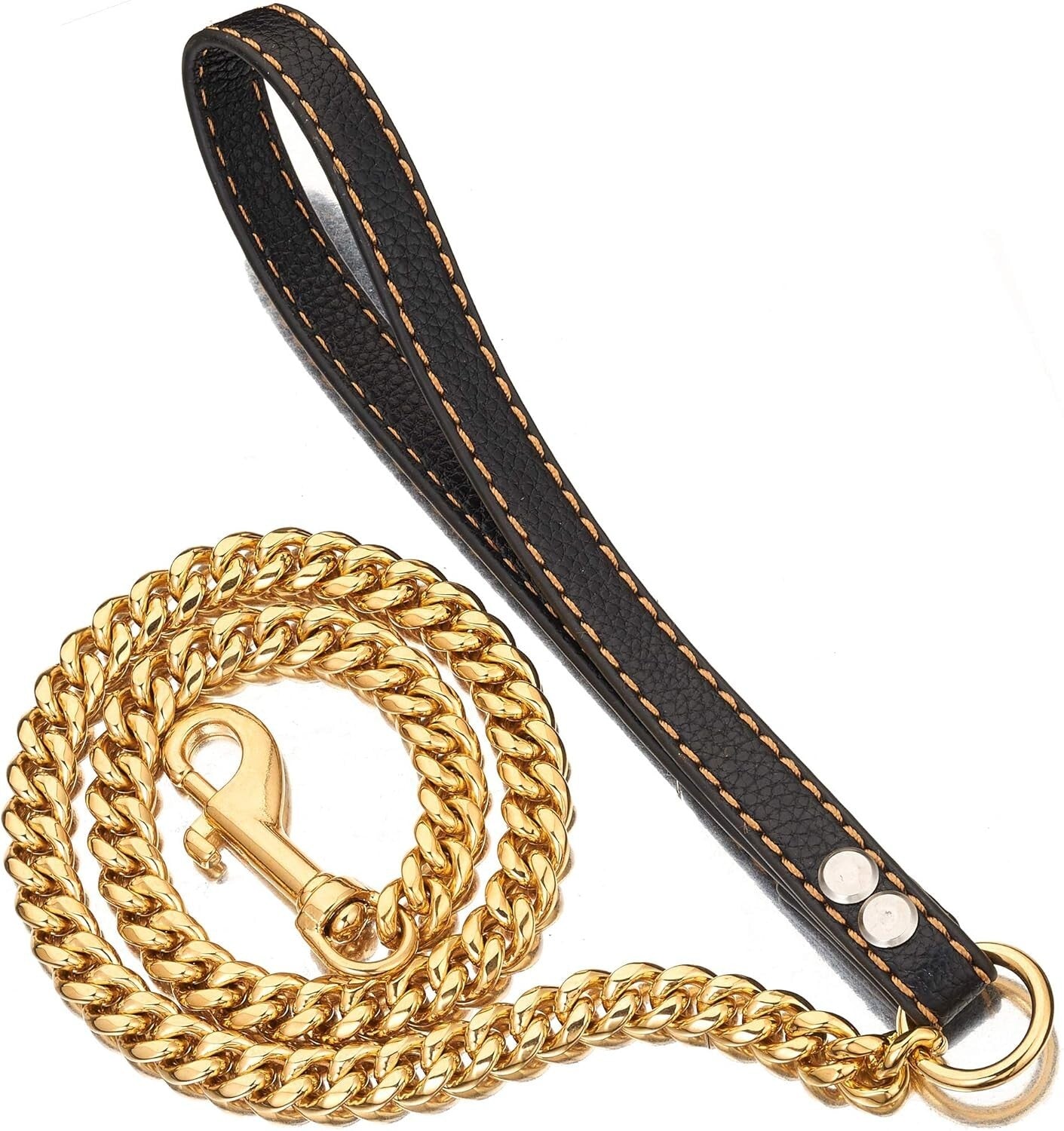 Stainless Steel Cuban Link Dog Leash with Padded Leather Handle for Large Breeds