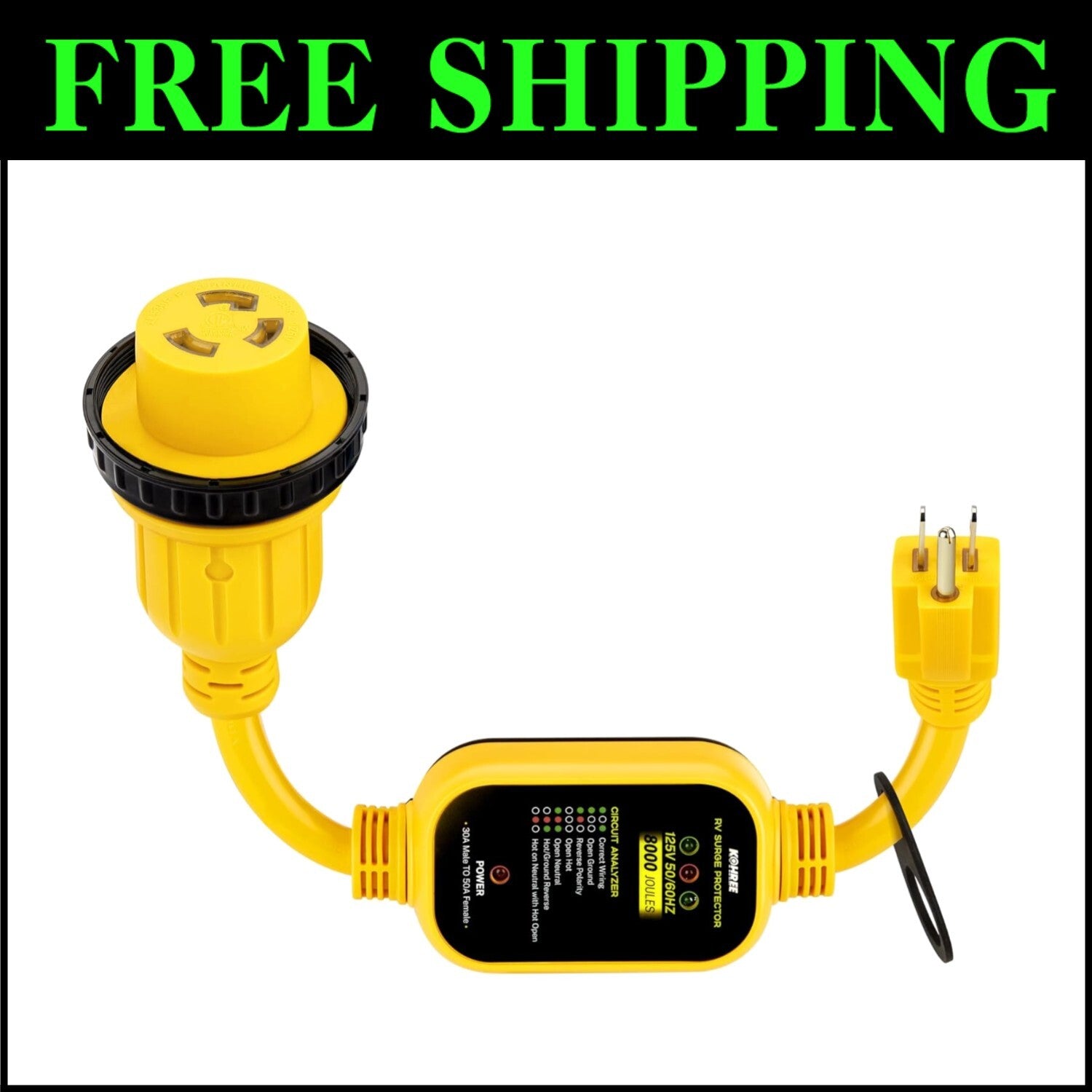 Surge Protected 30 Amp to 110V RV Power Adapter with Twist Lock & LED Indicators