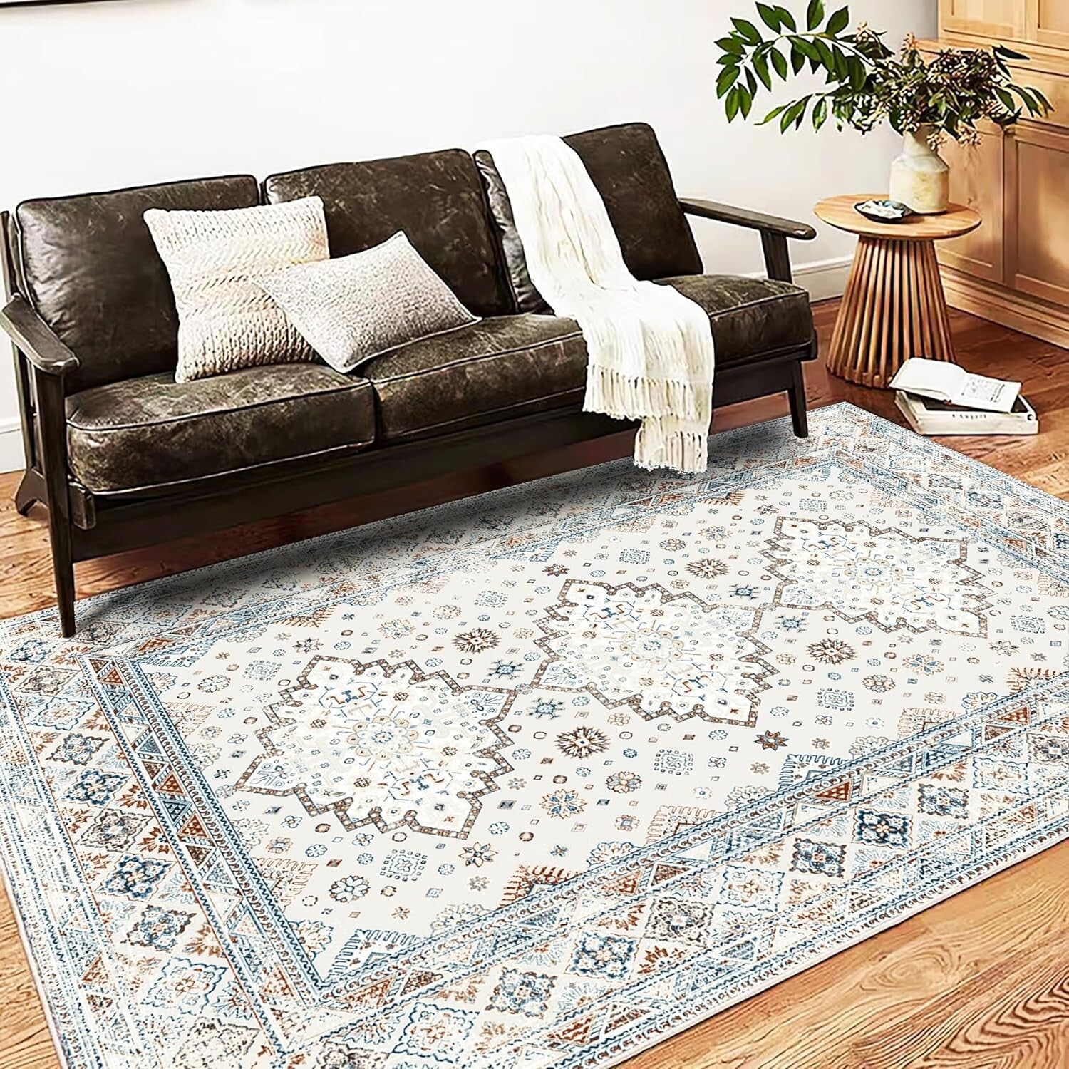 Boho Chic Washable Area Rug 5x7 - Non-Slip Medallion Design for Modern Homes