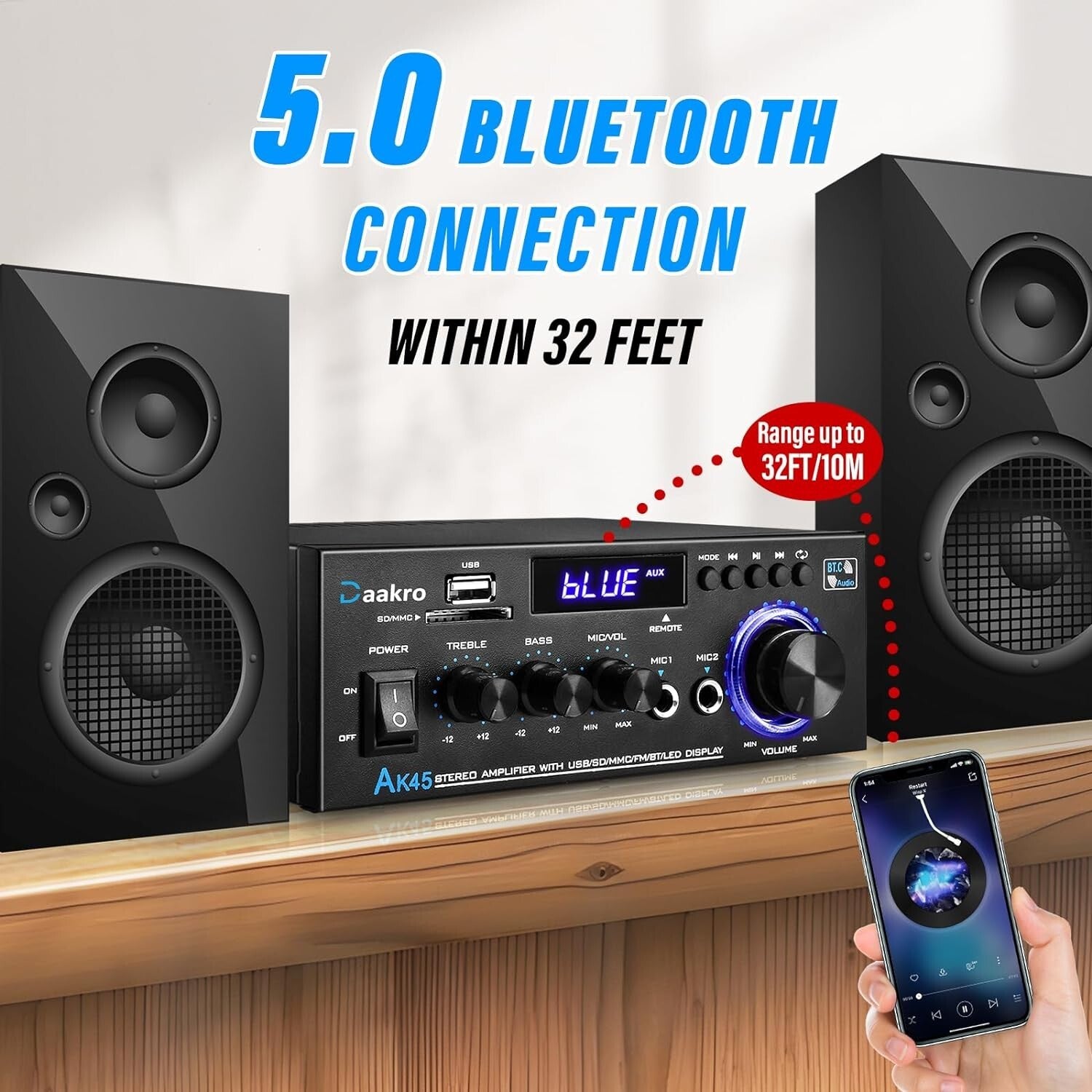 300W Bluetooth 5.0 Stereo Audio Amplifier with USB/SD for Home Theater