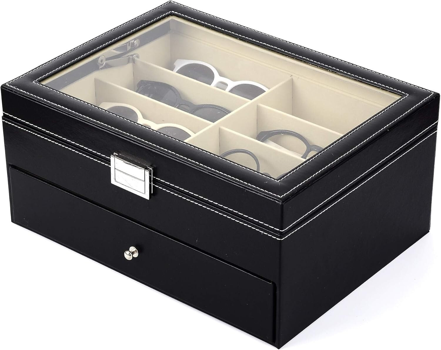 16-Slot Leather Sunglass Organizer with Anti-Scratch Glass Top - Classic Black